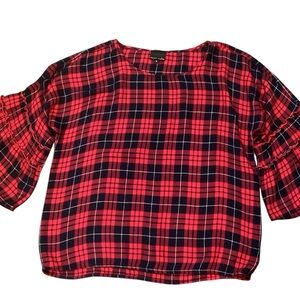 Sweet Claire Red Black Plaid Metallic Ruffle Sleeve Top‎ Medium Boxy Soft